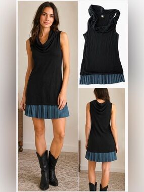 Free People Sleeveless Black Cowl Neck dress with Drop Waist Pleated Skirt